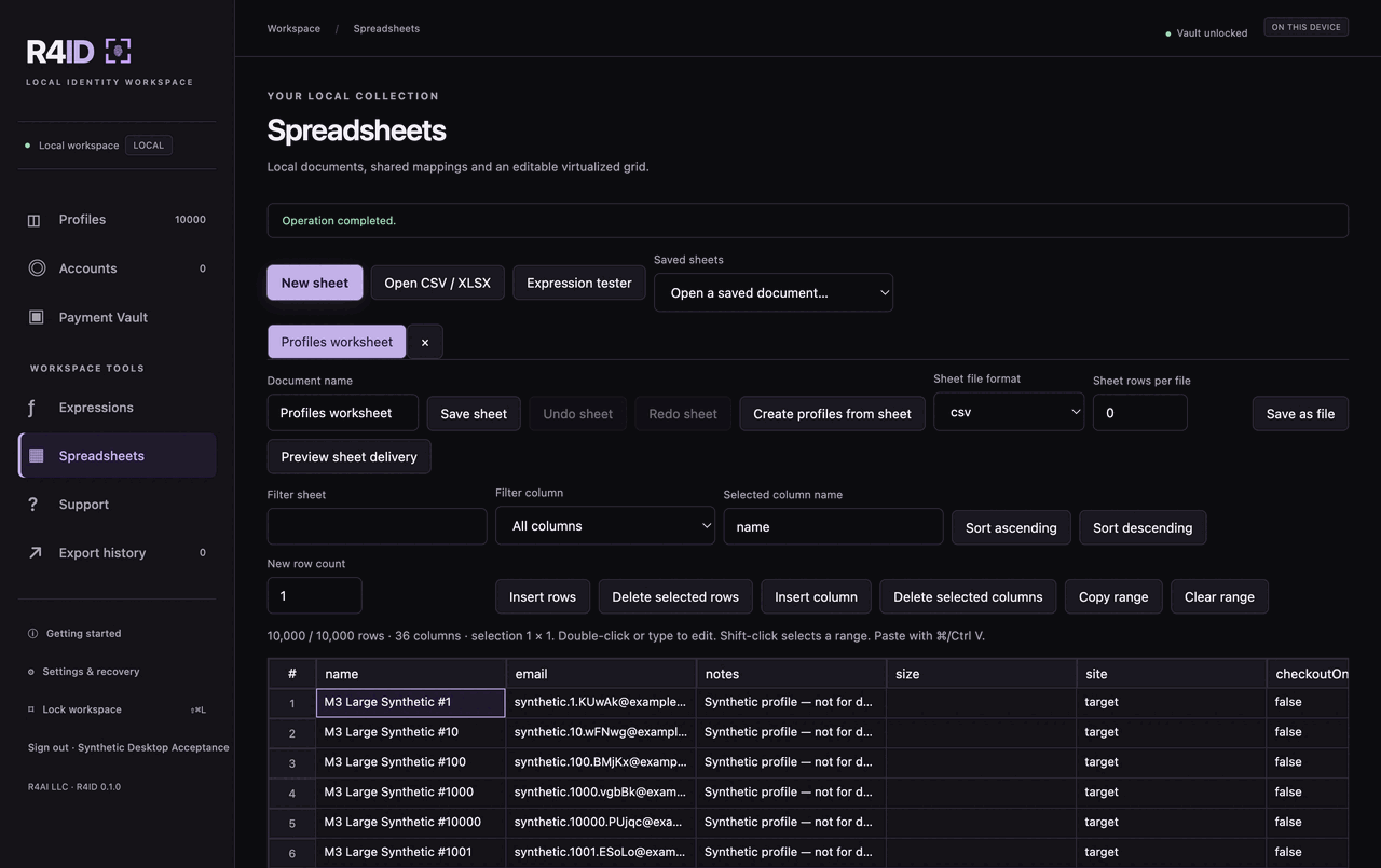 The R4ID Spreadsheets workspace: an editable grid of synthetic sample profiles with filter, sort and row tools.